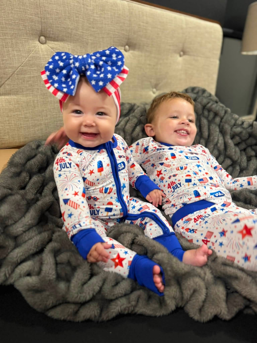 Star Spangled bamboo baby zippie pajama, patriotic star print, two-way zipper, front view