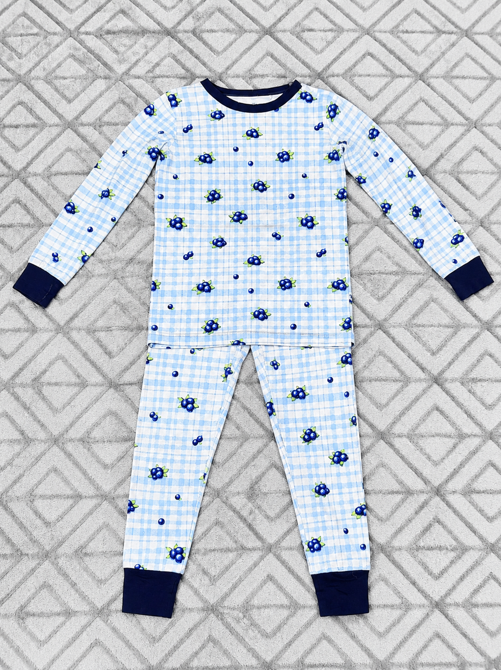 Blueberry Plaid bamboo baby pajama two-piece set, top and bottom