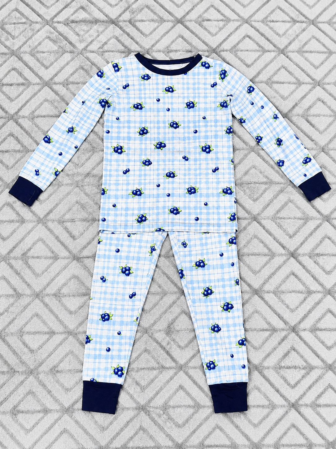 Blueberry Plaid bamboo baby pajama two-piece set, top and bottom