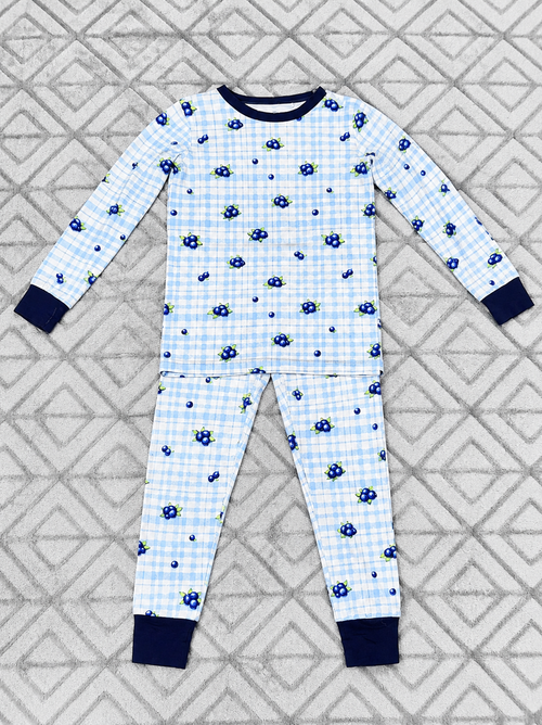 Blueberry Plaid bamboo baby pajama two-piece set, top and bottom