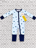Blueberry Plaid bamboo baby zippie pajama, two-way zipper, front view
