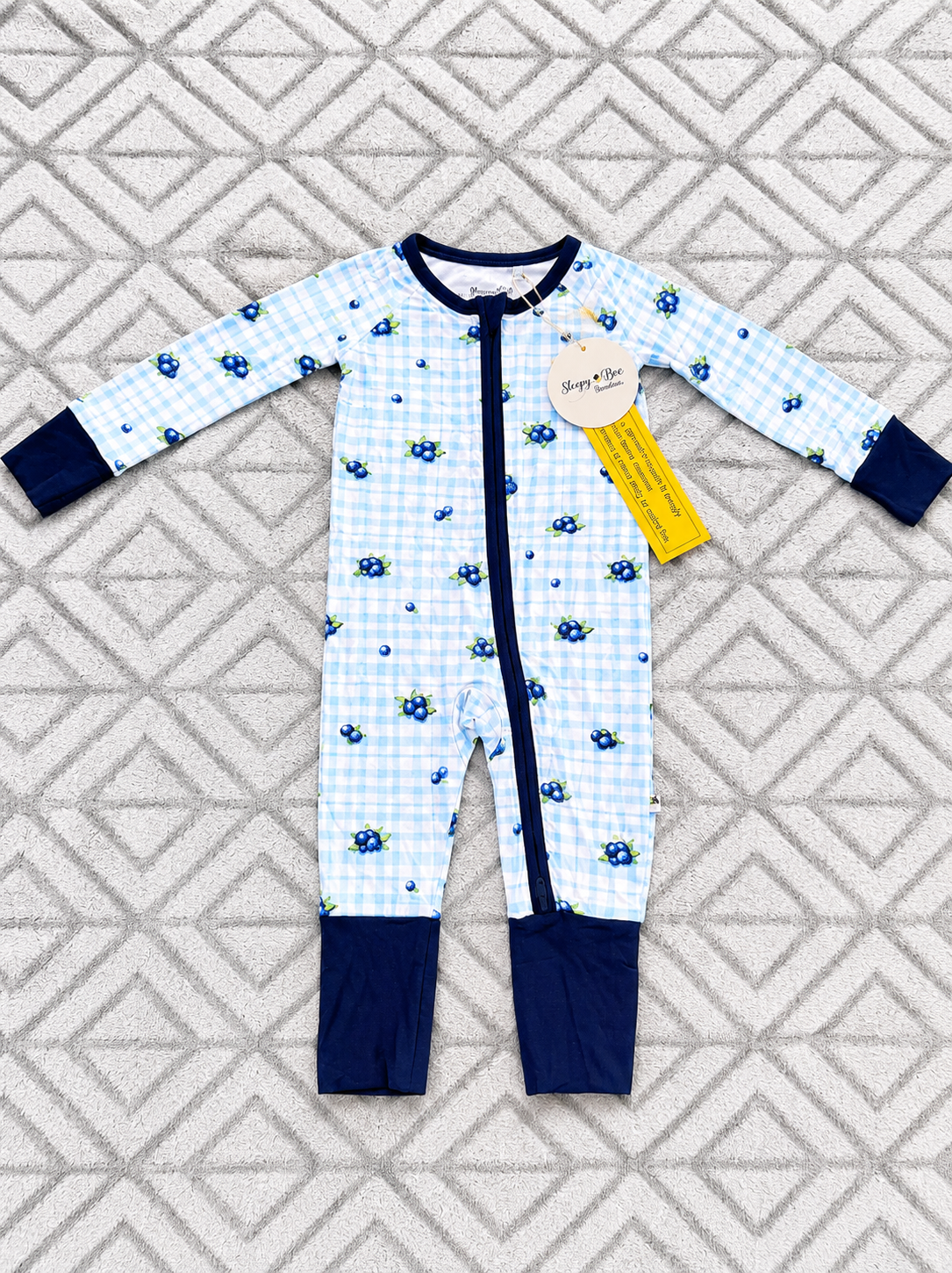 Blueberry Plaid bamboo baby zippie pajama, two-way zipper, front view