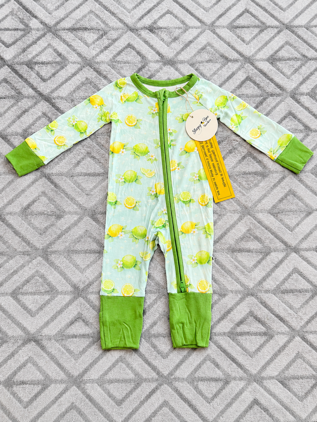 Lemon-Lime bamboo baby zippie pajama, two-way zipper, front view