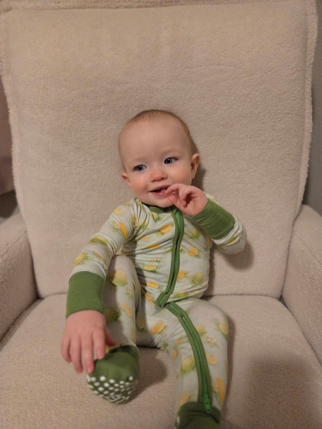 Lemon-Lime bamboo baby zippie pajama, two-way zipper, front view