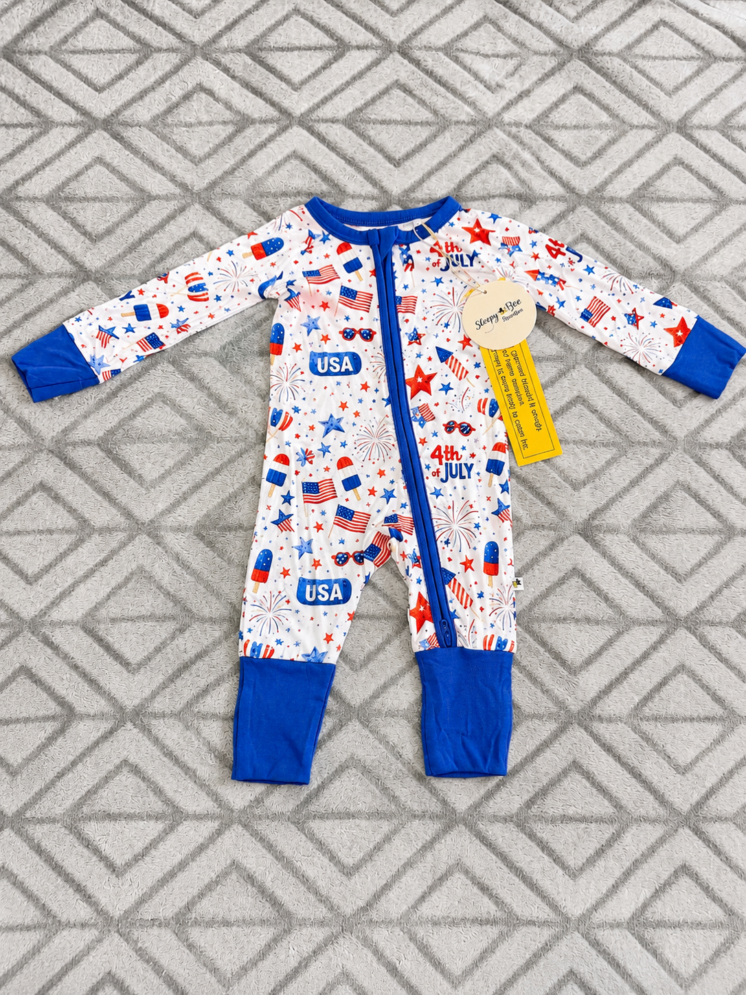 Star Spangled bamboo baby zippie pajama, patriotic star print, two-way zipper, front view