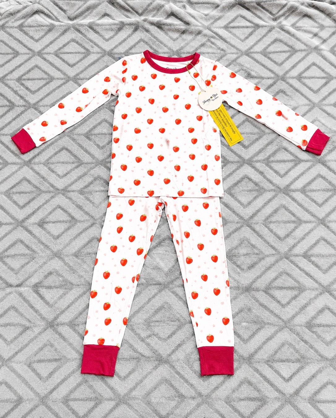 Strawberry Fields bamboo baby pajama two-piece set, red strawberry print